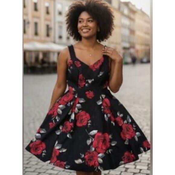White House Black Market Black Red Rose Fit & Flare Floral Coktail Dress 10 - Picture 9 of 11